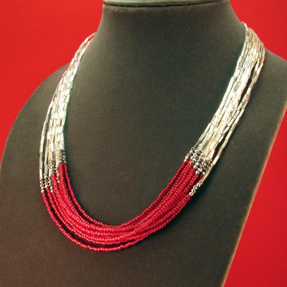 Multi Strand Necklace Elegant Ruby and Silver Beaded Multi
