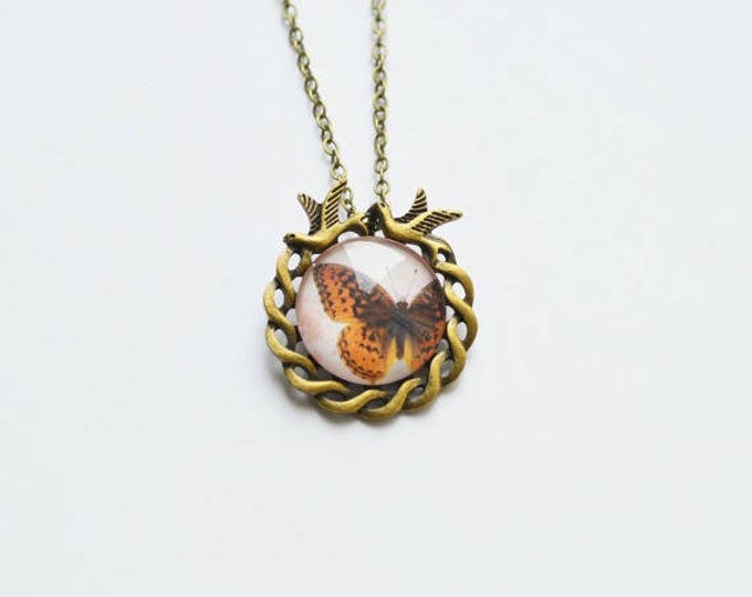 IN THE FOREST Round necklace of metal brass with depiction of butterflies under glass