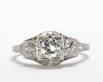 Art Deco Engagement Ring | Platinum | Old European Cut Diamonds | Size 6.25 | Item 85917