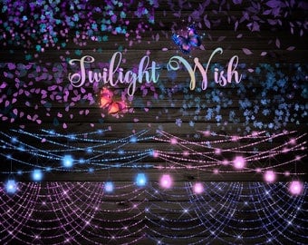 Twilight Wish Clipart - magical sparkling bokeh lights and leaf confetti clip art, magic butterflies, pink, blue and purple fantasy wedding
