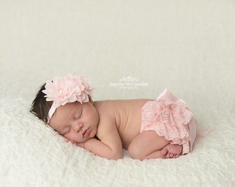 NEWBORN BLOOMER SET, Pink Ruffled Lace Diaper Cover,Lace Bloomer Set and Matching Headband,Newborn Photo Outfit, Many Colors Available,