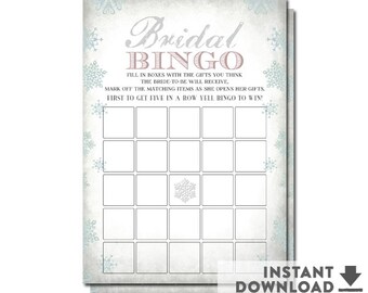 Winter Bridal Shower Bingo Card Printable Gray Light Muted Blue Snowflake Bridal Shower Games Printable (Instant Download ) No.294BRIDE