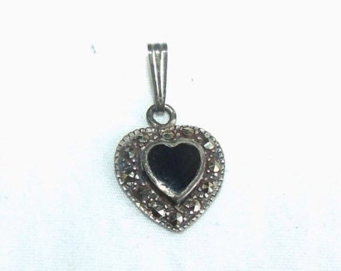 Storewide 25% Off SALE Vintage Sterling Silver Marcasite Designer Heart Shaped Pendant Featuring Black Center Solitare Stone With Elegant St