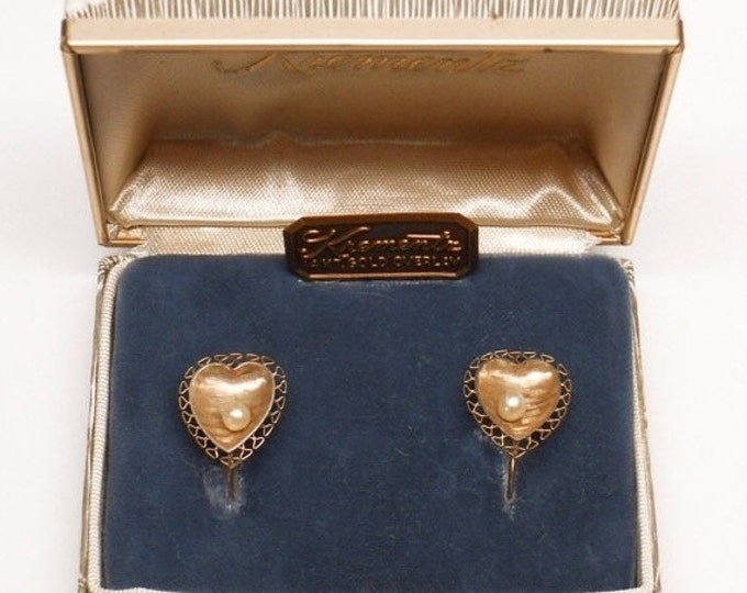 Storewide 25% Off SALE Vintage 14k Gold Overlay Krementz Designer French Heart Earrings In Original Box Featuring Faux Pearl Accents With La