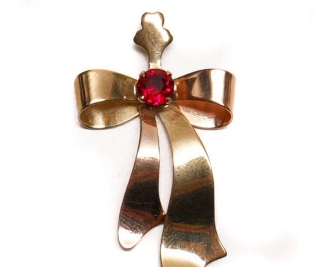 Storewide 25% Off SALE Vintage Solid 10k Gold Esemco Designer Signed Bow Pendant Featuring Red Ruby Style Center Cut Stone With Flowing Ribb