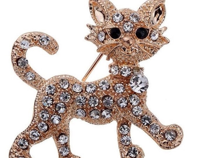 Storewide 25% Off SALE Vintage Textured Designer Gold Plated Strolling Kitten Pendant Featuring Articulated Rhinestone Accents and Style