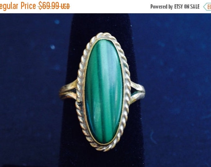 Storewide 25% Off SALE Vintage Gold Filled large Oval Malachite Center Cut Designer Ring Featuring Eclectic Design Style