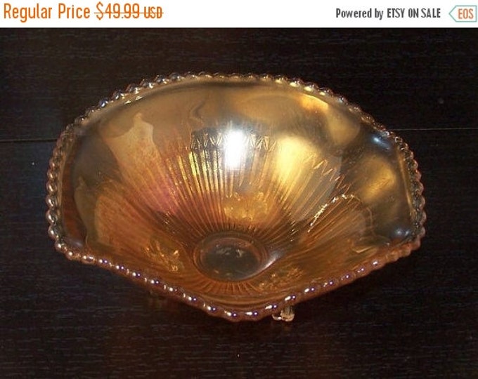 Storewide 25% Off SALE Vintage Marigold Carnival Depression Art Glass Footed Centerpiece Bowl Featuring Beautiful Beaded Edge Boarder Design