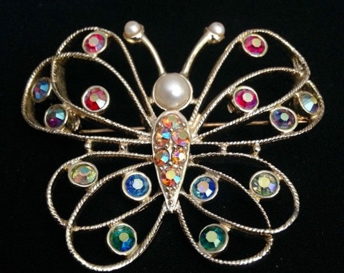 Storewide 25% Off SALE Enchanting Gold Tone Emmons Designer Signed Butterfly Cocktail Brooch Featuring Assorted Iridescent Rhinestone Accent