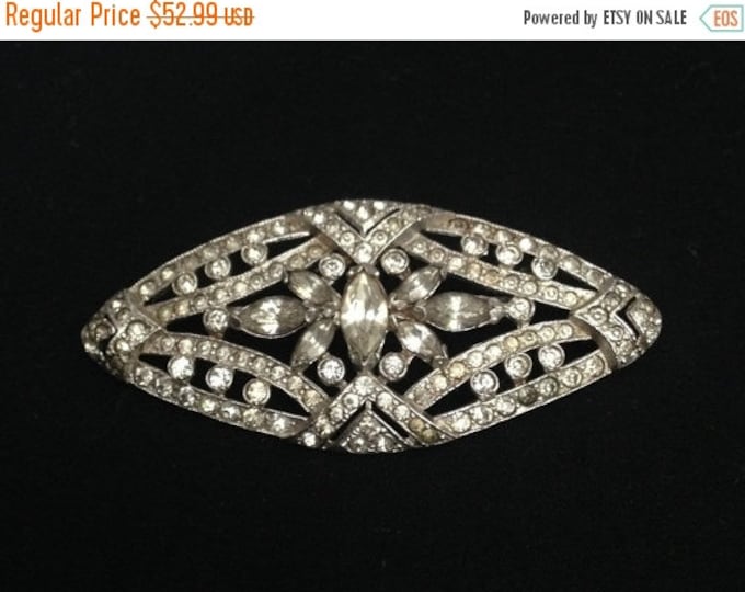 Storewide 25% Off SALE Vintage Stretched Openwork Rosette Designer Cocktail Brooch Set With Beautiful Marquis Cut Clear Rhinestones With Pla