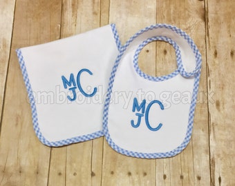 Navy Blue Argyle Fleur de Lis Baby Bib and Burp Cloth Set