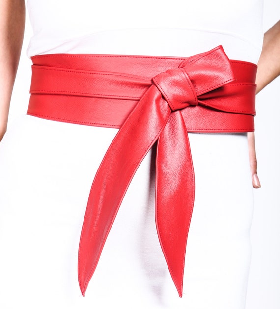 Bright Red Leather Obi Tulip Tie Belt Waist Corset Belt