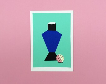 A screen print of striped ball next to an angular vase