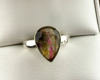 Liddicoatite Tourmaline, Rose Cut, 14K Gold Setting, Sterling Silver Ring. Size US-5.75, UK-L.