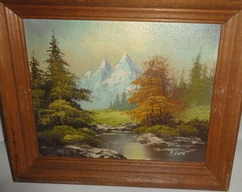 Small Vintage Oil on Board/ Snow Capped Mountains/Trees/Stream/Signed R. Kent