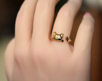 Gold cat ring, Adjustable ring, Gold plated Sterling Silver or Silver, Cat lover, cat jewelry, kitty cat ring, dainty ring,