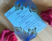 Peacock laser cut program / menu card teal and purple feather laser cut table place setting custom