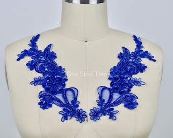 Admiral Royal Blue Beaded Lace Applique Pair. Stunning Neck line Applique. Mirrored Shape. Tastefully Soaked in Beading
