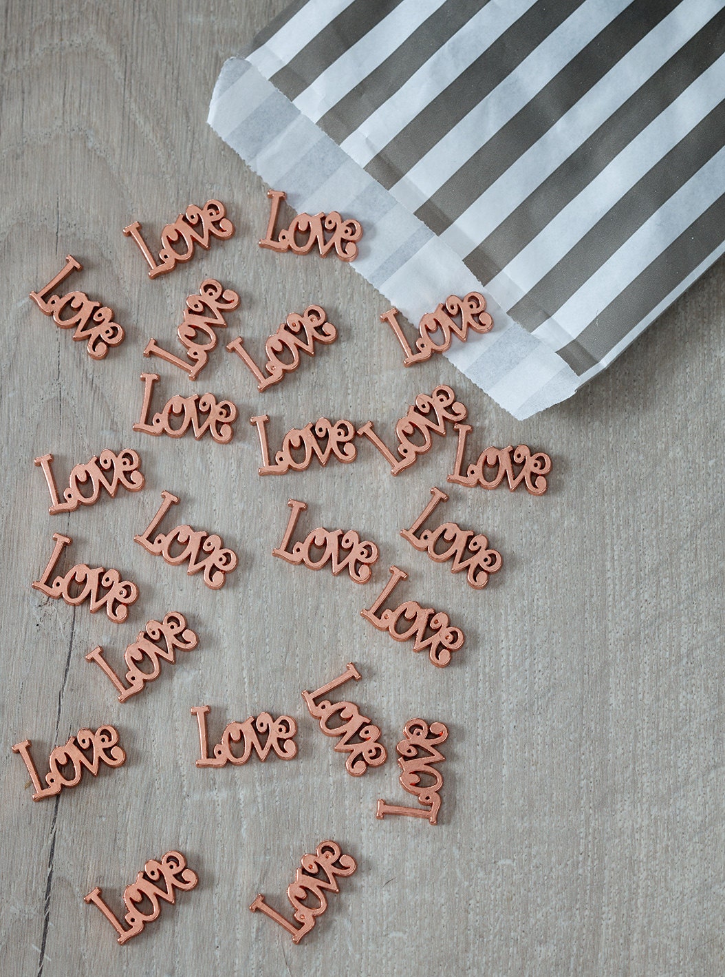 LOVE Wedding table confetti in Rose Gold metallic Metal