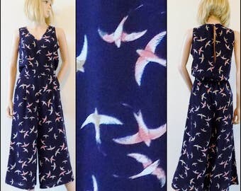 Navy blue swallow birds playsuit womans midi playsuit jumpsuit
