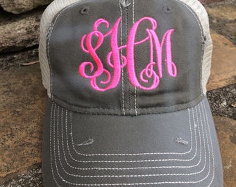 Ladies' Monogram Distressed Trucker Hat - Monogram Hat - Monogram Trucker Hat - Distressed Trucker - Ladies Monogram