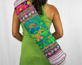 YOGA MAT BAG - Vibrant Colorful Embroidered, Pilates Bag, Hill Tribe Fabric, Yoga Bag, Hmong Bag, Purple Background Fabric, Flower Green