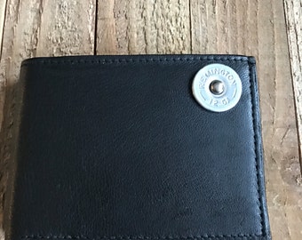 Mens camo leather bifold wallet nickel 12 gauge shell head