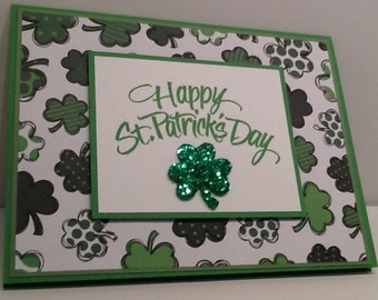 Happy St. Patrick's Day Card - Handmade St. Pattys Day Card - Green and White Shamrock Card - Hand Stamped Embellished Irish Card