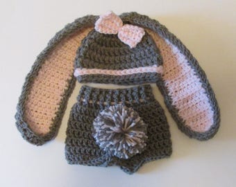 Gray long, Floppy Ear Easter Bunny Hat, Diaper Cover, pom pom tail~Crocheted Photo prop set~Sizes Newborn to 24 MONTHS~Free Shipping