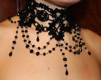 Gothic Necklace Black Lace Chocker Bead Choker Statement Necklace Victorian Luxury Necklace Wedding necklace Lace Necklac