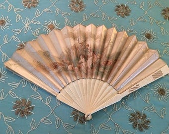 Antique CREAM Historic Scene Silk Fan, Fan Slats unknown Cream and firm material, Large, Gorgeous Historic Scene SILK Antique Fan