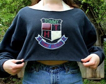 90s Tommy Hilfiger Sweatshirt Off the Shoulder Sweater Crop Top