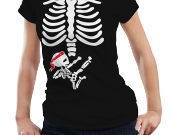 Pregnant Woman Skeleton Karate Kid Maternity Ladies T shirt Tshirt Tee Gift