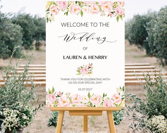Printable Wedding Welcome Sign Templates - Peony Wedding Sign, Elegant Floral Wedding Large Poster 24x36 18x24 DIY PDF Instant Download #104