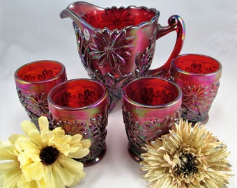 Beautiful Limited Edition 1905 Fenton Founder Red Carnival Glass Water Pitcher Set with 4 Glasses Signed. The Set is numbered and Signed!
