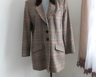 Brown Wool Plaid Blazer by Pendleton Velvet Collar Buttons Size 14 Large 1980s Jacket