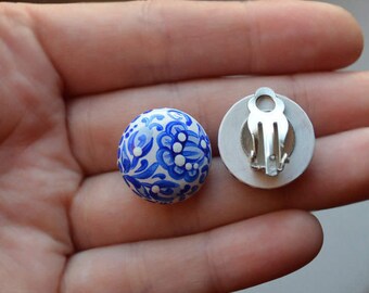 earrings wedding Jewelry blue clip earrings Flower Clip|On|Earrings non pierced flower earrings Gift idea earrings Handmade wood earrings