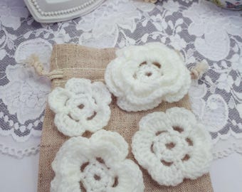 4 white acrylic flowers, crochet flowers, white sewing flowers, fabric appliques, crochet embellishments, scrapbook flowers, flower supplies