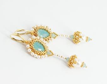 White pearl earrings Pearl jewelry Swarovski crystal earrings Chandelier earrings Wedding earrings Turquoise wedding jewelry for bridesmaid
