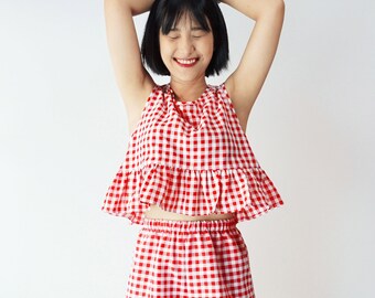 Gingham two piece co ord matching set -- Ruffle hem sleeveless gingham crop top -- Curved hem elastic waist shorts