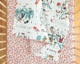 Wholecloth Quilt - 'Rifle Paper Co.' City Maps and Rosa in Peach - MADE-to-ORDER