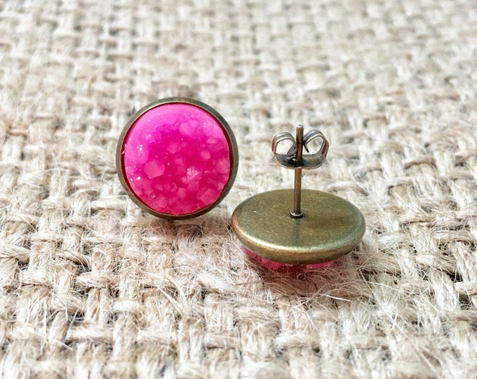 Pink Druzy Earrings, Hot Pink Druzy Studs, Faux Druzy Earrings, Pink Gemstone Studs, Matte Pink Studs, Neon Druzy Studs, Druzy Stud Earrings