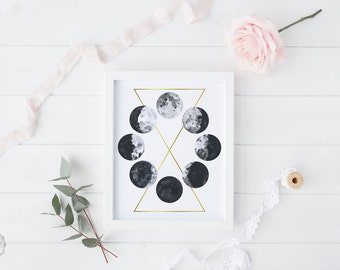 Watercolor Moon Phases, Printable Art - Moon Print Galaxy Space Grunge Science Digital Download Astronomy Geometric Art Black White Gold