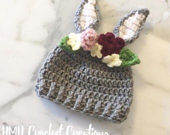 Crochet bunny hat, crochet rabbit hat, girls bunny hat, Easter hat, girls Easter hat, newborn photo prop, flower crown, Easter photo prop
