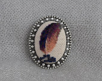 Feather brooch Cross stitch brooch Embroidered jewelry Gift for her Handmade brooch Dark feather dark jewelry Feather jewelry