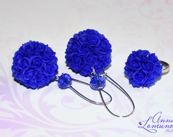 Royal blue Jewelry Set Royal Blue rose Jewelry Blue Flower Jewelry Girlfriend gift Blue bridal earrings gift Royal Blue Wedding Jewelry