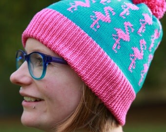 Knitted Pom-Pom Beanie/Bobble Flamingo Hat made from 100% Merino Wool - pink and turquiose, kitsch, sustainable, eco, winter, gift, ski