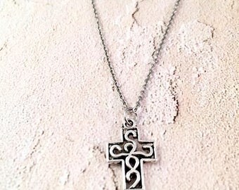 Silver cross necklace, scroll cross jewelry, religious necklace, gift for women, small cross jewelry, first communion, confirmation gift