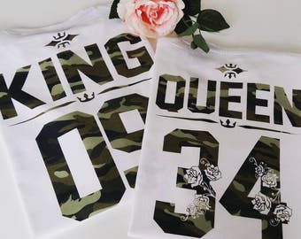 KING QUEEN camouflage t shirts, Couples shirts, Customize your own numbers shirt, King Queen shirts, Army print King and Queen t shirts