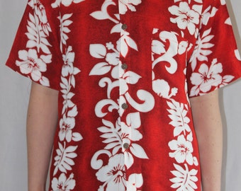 Red island floral Hawaiian shirt